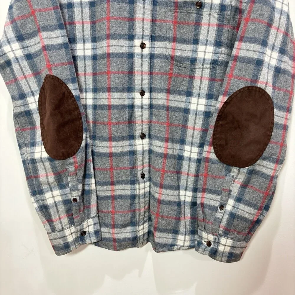 J Crew Men Plaid Flannel Button Down Shirt M Cotton Elbow Patch Dad Preppy Cabin